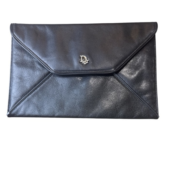 Vintage 1970s Dior Black Calfskin Leather Envelope Clutch Bag - Picture 2 of 11